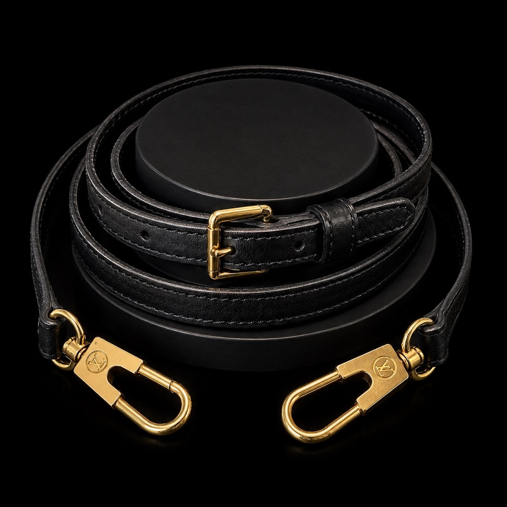 LOUIS VUITTON Adjustable Black Leather Strap with Gold Hardware